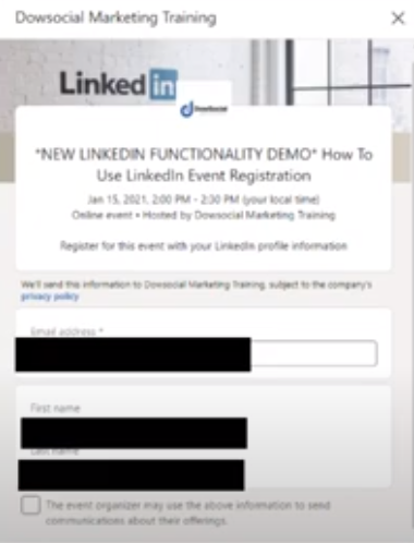 LinkedIn event registration form example