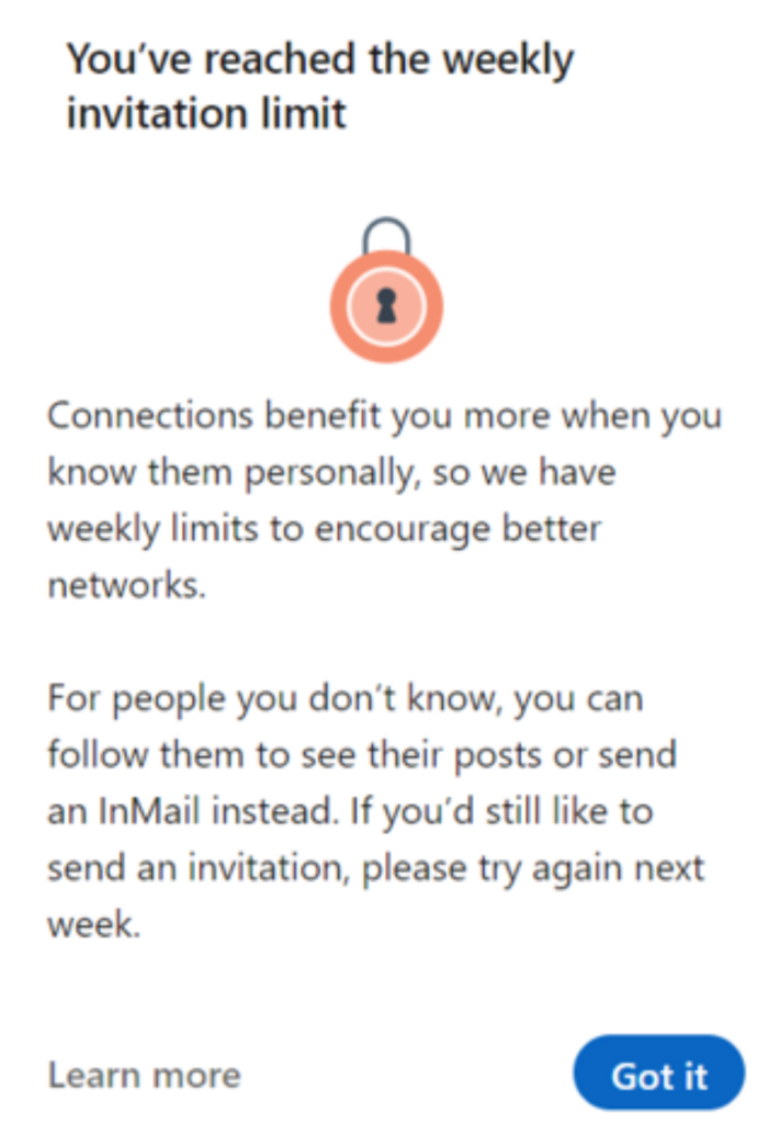 LinkedIn Weekly Connection Request Limit warning pop up