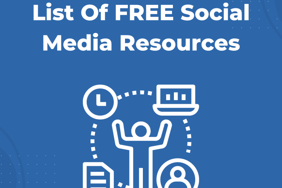 Title card for list of free social media resources blog. Illustration of person surrounded by clock and paperwork in circle above them