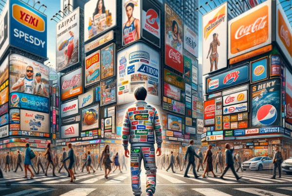 Man in a jacket full of logos stands looking at a street overloaded with digital advertising similar to Times Square or Piccadilly Circus to show the saturation of advertising in 2024